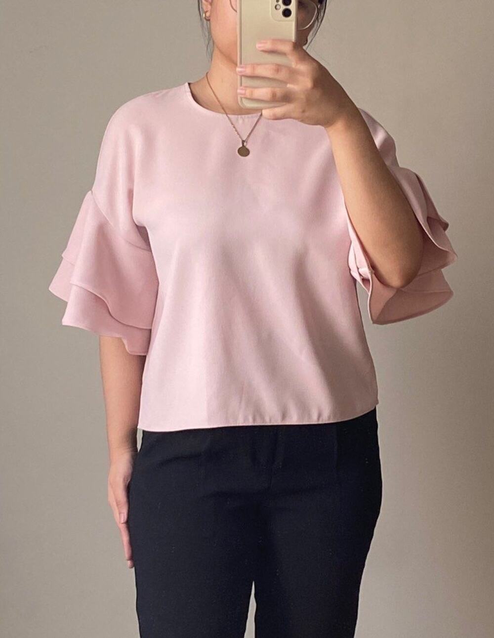 Zara Woman Ruffle Tiered Short Sleeve Blouse Top Blush Pink M